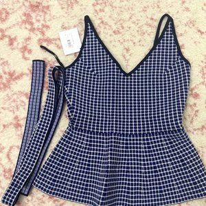 NEW Scanlan Theodore Crepe Peplum Plaid Tank Top with Belt - Small